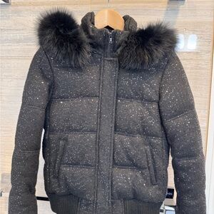 Alice + Olivia Glittering Black Puffer Jacket with Fox Fur